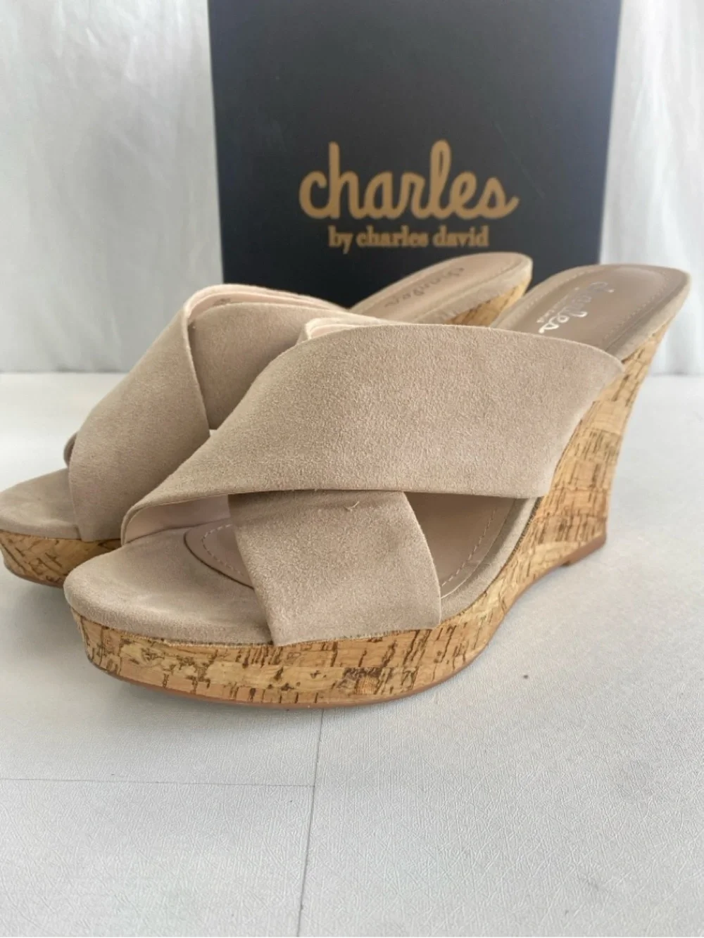 Charles David Latrice Nude crisscross microsuede cork wedge platform size 9.5